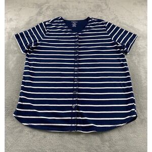 Essentials by Maggie Womens 22/24W Navy Blue White Striped Button Top V-Neck